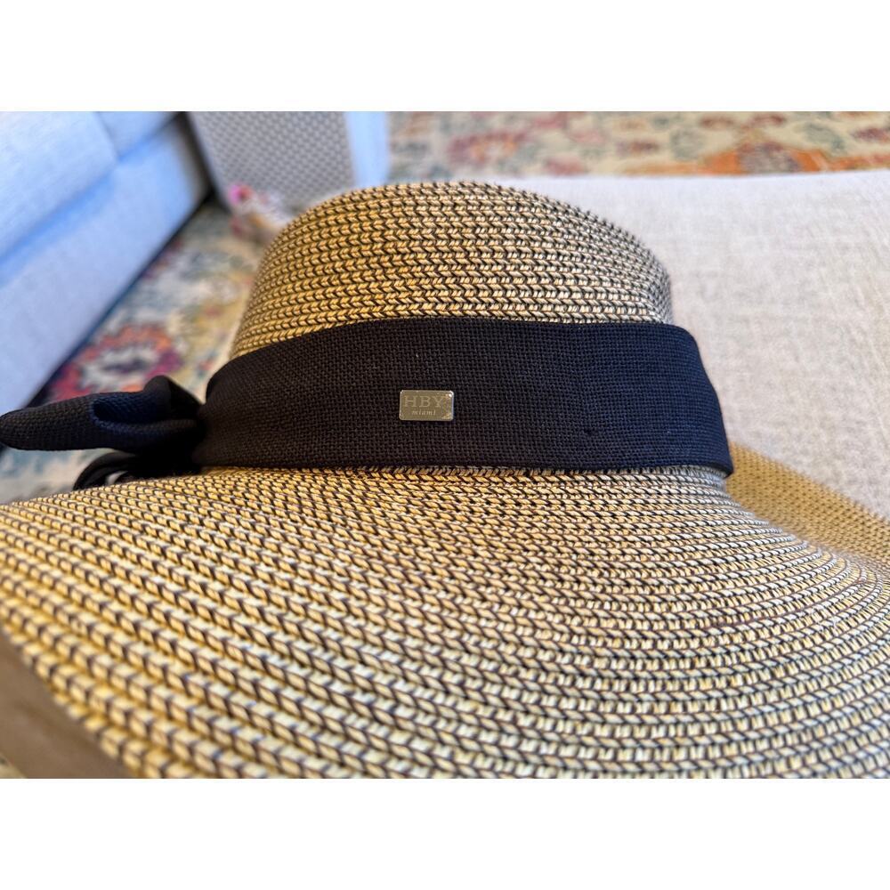 HBY Miami Straw Sun Hat Black Ribbon Bow 100% Straw Sz S/M - Picture 4 of 7